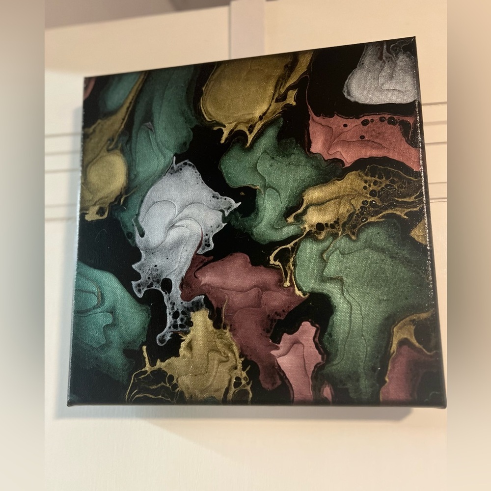 Paintings Pair of Abstract 10x10 Canvas Pour Painted Pearlescent Acrylic paint